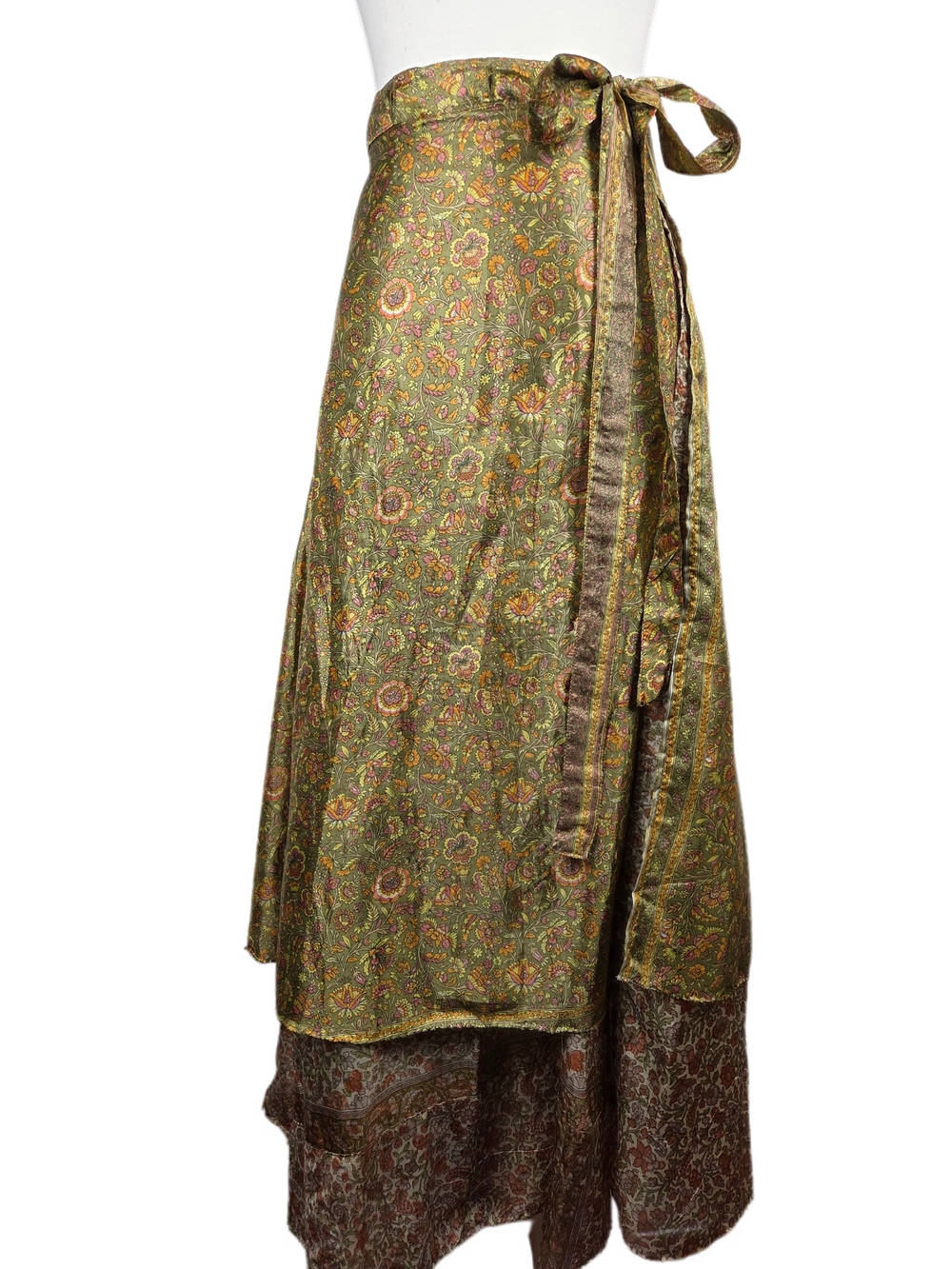 Vintage Reversible Silk Wrap Skirt – Boho Olive Paisley Maxi